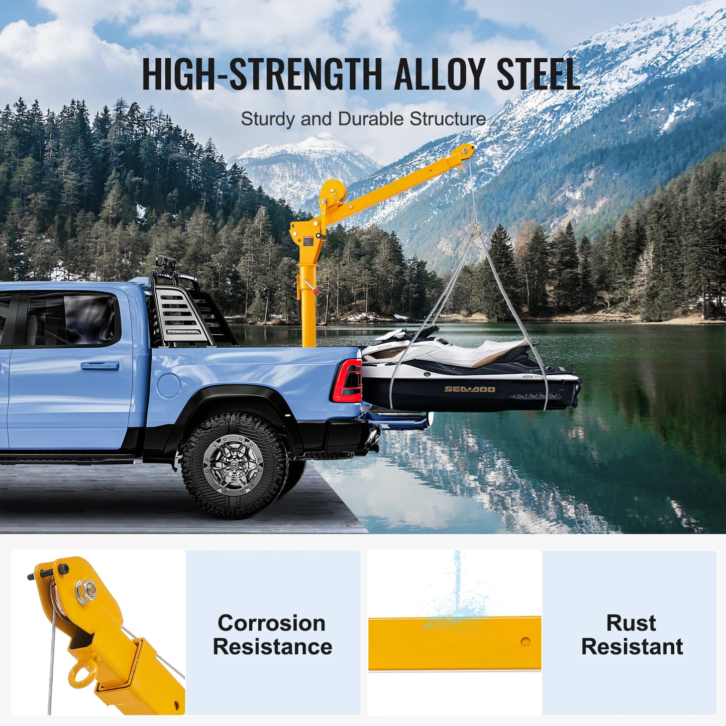 SucceBuy Folding Pickup Truck Crane 360° Swivel with 1100 lbs Manual Winch Mounted Bed Jib Crane Hoist for Factory Lifting Goods