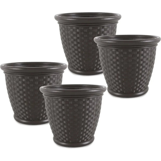 18 Inch Plastic Wicker Decorative Garden Flower Planter Planting Pots for Garden, Backyard (4 Pack)