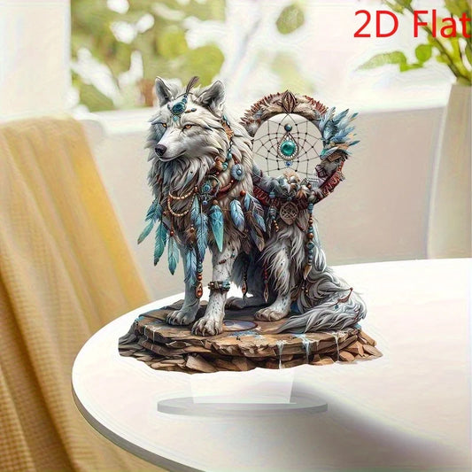 2D Bohemian White Wolf Acrylic Wall Art – Elegant Floral-Themed Decor for Living Room, Bedroom & Parties