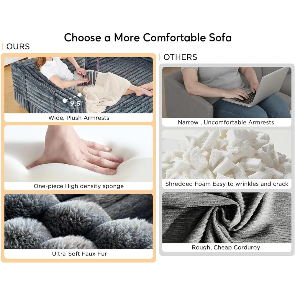 Foldable Sofa Bed, Convertible Floor Sofa with Plush Faux Fur, No Assembly Mattress Couch for Living Room, Apartment, Bedroom,
