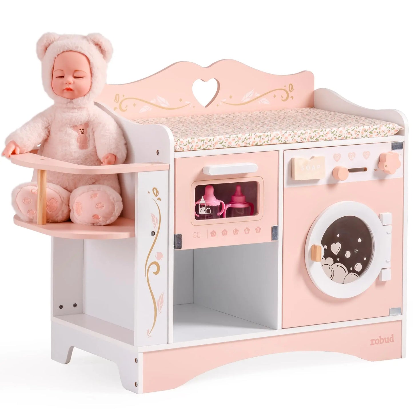 ROBUD Baby Doll Crib, Pink Baby Doll Beds Wooden Doll Changing Station with Seat Doll Accessories of Toy Crib to Kids Age 3+