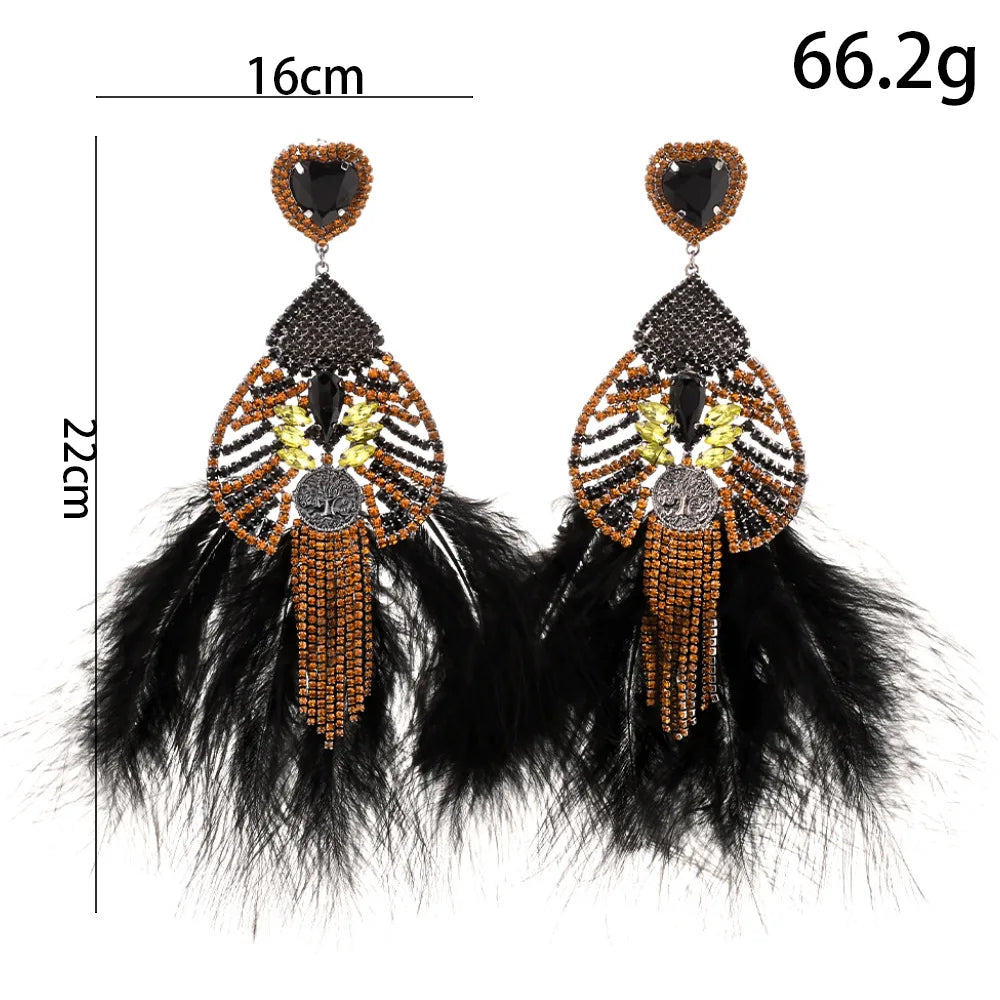 Stonefans Black Feather Dangle Earrings Oversize Statement Ear Accessories Fashion Hollow Rhinestone Hanging Earrings Drag Queen