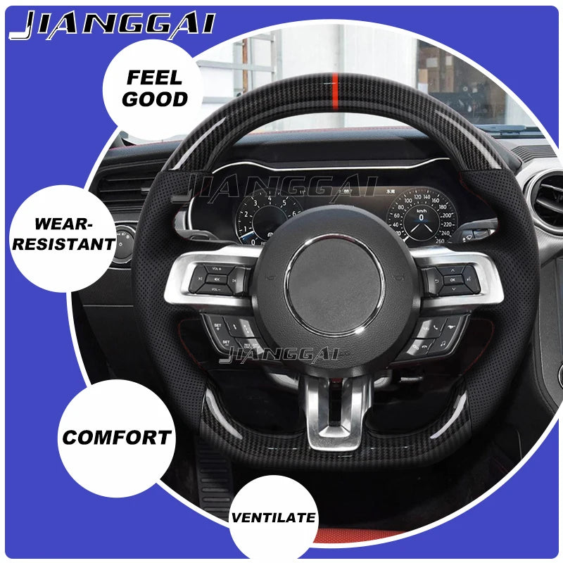 Hydro-Dip Carbon Fiber D-shaped Steering Wheel Preforated Leather Grip for Mustang EcoBoost/GT/Shelby GT350/GT350R 2015-2023