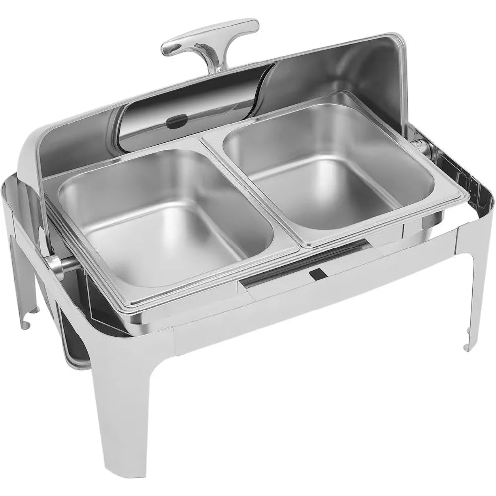 Roll Top Chafing Dish Buffet Set Stainless Steel Chafer with 2 Pot and 2 Alcohol Fuel Cans Rectangle Catering Warmer Server