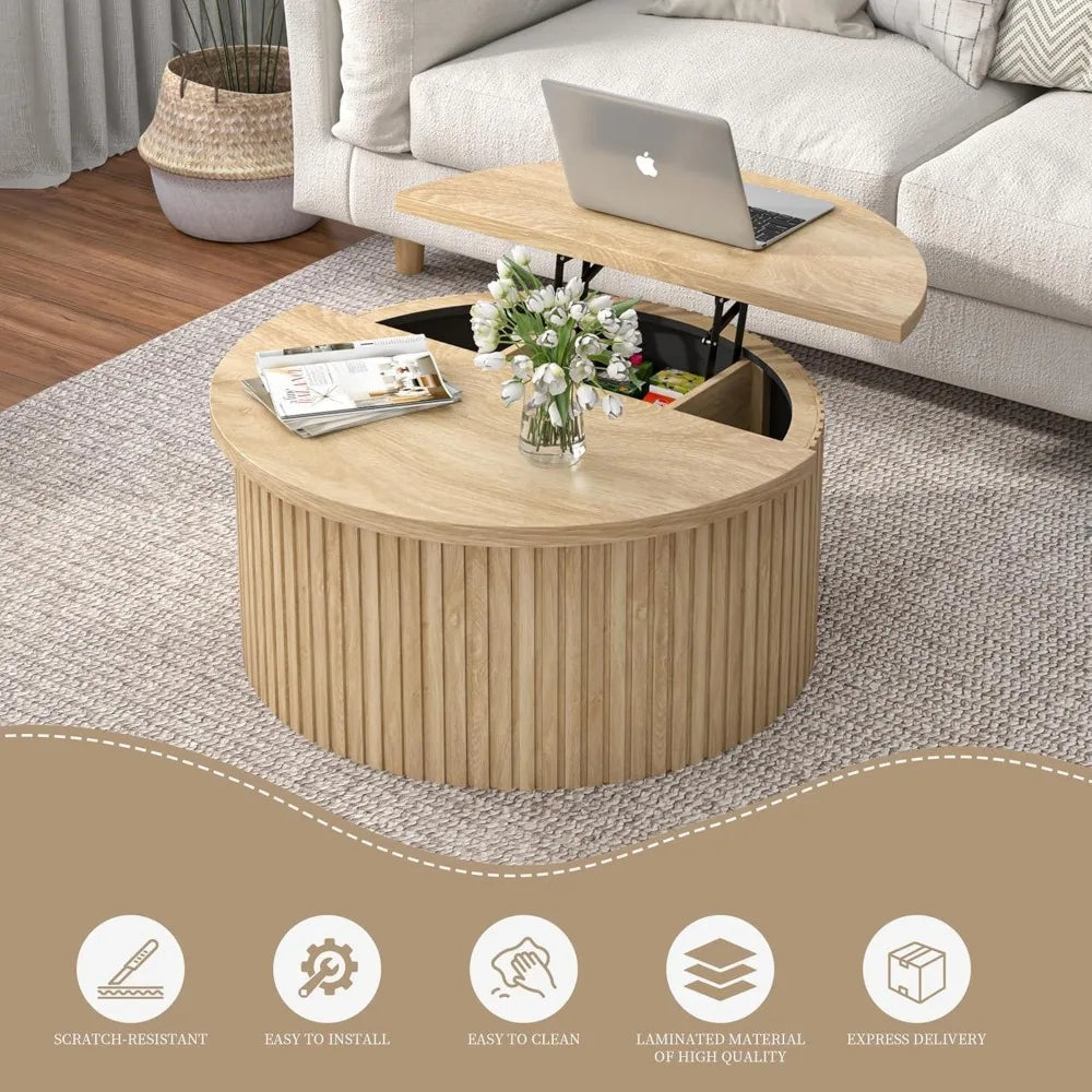 Round Fluted Lift Top Coffee Table with Storage 34.6 Inch Farmhouse Round Coffee Table for Living Room Circle Wood Accent Center