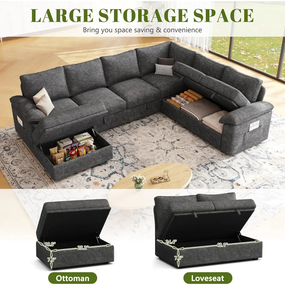 108 Inch Sectional Sleeper Sofa with Pull Out Bed, U Shaped 7 Seat Modular Sectional Sofa with Storage, Sectional Couches for Li