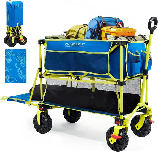 400L Collapsible Double Decker Beach Wagon with Brakes Folding Beach Cart with 54" Extra Long Decker 450LBS Heavy Duty Wagon Cha
