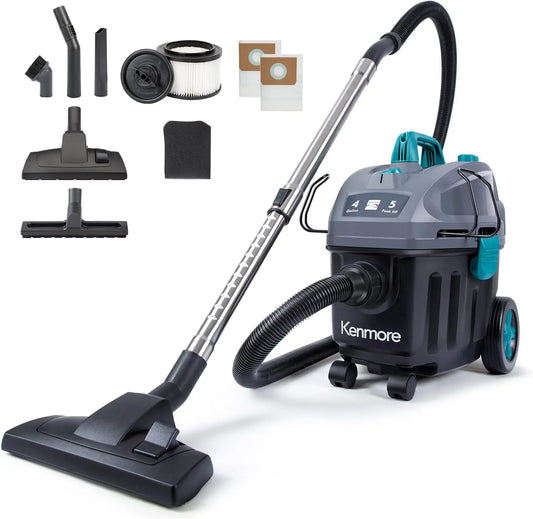 KW3050 Wet Dry Canister Vac 4 Gallon 5 Peak HP 2-Stage Motor Vacuum Cleaner with Washable HEPA Filter & Dust Bags for Hard Floor