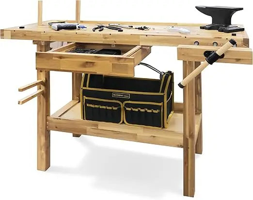 48-Inch Acacia Hardwood Workbench with Drawer - 330lbs Weight Capacity Heavy Duty Portable Wood Work Bench Table for Garage, Wo