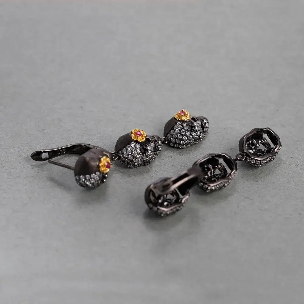 Gems Ballet Skull Sword Earrings 925 Sterling Silver Gothic