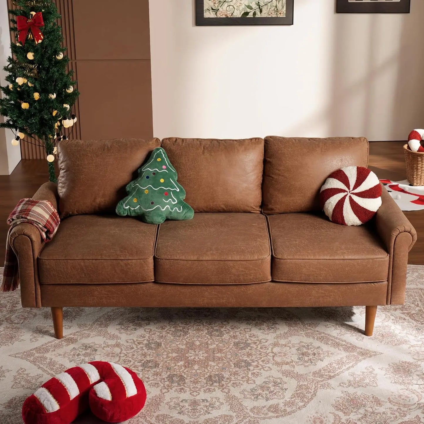 Faux Leather Mid-Century Modern Sofa for Living Room,3 Seater Couch with Comfy Cushions,73" Upholstered Sofas with Deep Seat
