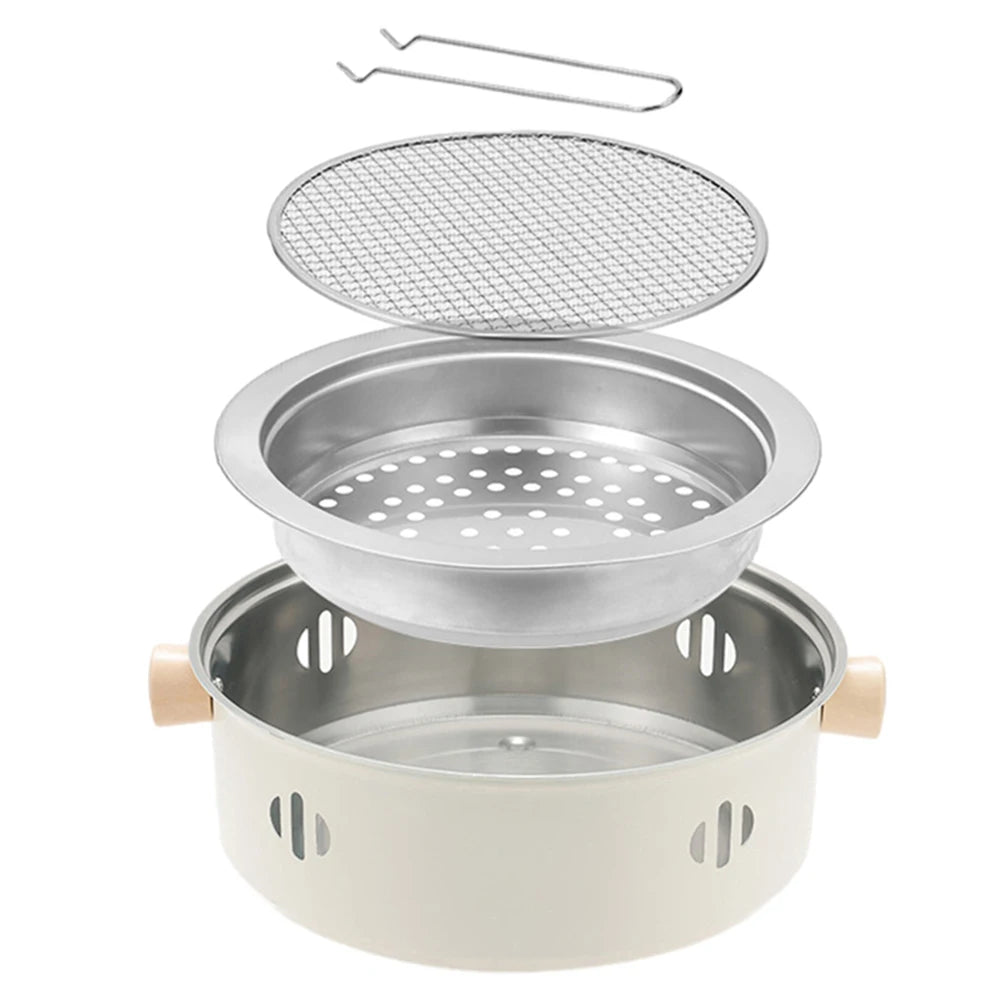 Round Barbecue Grill Portable Charcoal Barbecue Grill with Grill Net Camping Grill Stove Multifunction for Outdoor Garden Patio