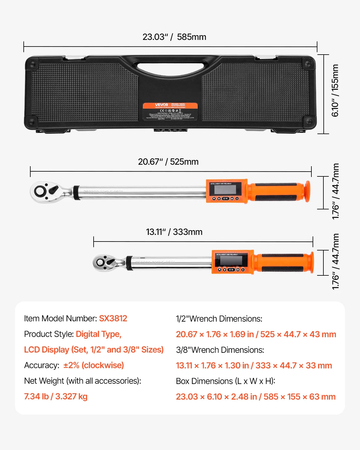 VEVOR Digital Torque Wrench 72-Tooth ±2% High Accuracy Electronic Torque Wrench Preset Value Buzzer and LED Notification