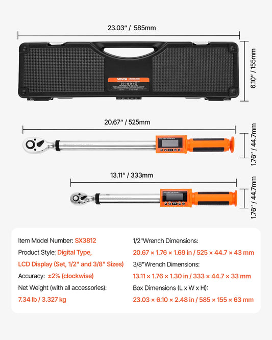 VEVOR Digital Torque Wrench 72-Tooth ±2% High Accuracy Electronic Torque Wrench Preset Value Buzzer and LED Notification