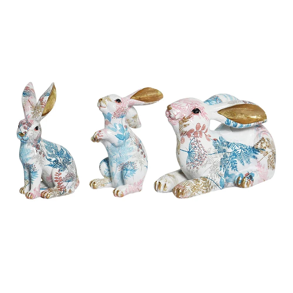 Cute Rabbit Statue Resin Bunny Sculpture Home Room Decorative Art Ornaments Painted Jade Rabbit Figurines Easter Decoration Gift