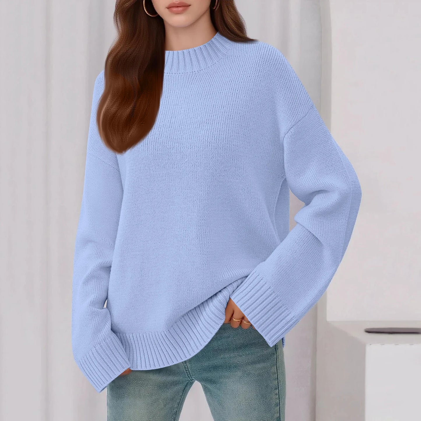 Womens Loose Round Neck Solid Color Bell Sleeve Long Sleeve Knitted Sweater Top Ropa De Mujer Sweater De Mujer Pull Femme