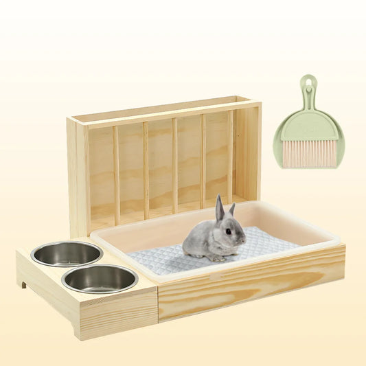 4 In 1 Rabbit Hay Feeder With Litter Box Wooden Feeder Toilet Combo Easy Clean 2 Bowls Included Perfect For Bunny