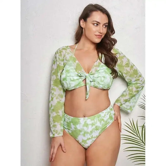 Style Halo Plus Size Split Swimsuit Women's Bikini Three Piece Set New Conservative Long Sleeved Hooded Swimsuit Casual Y2k