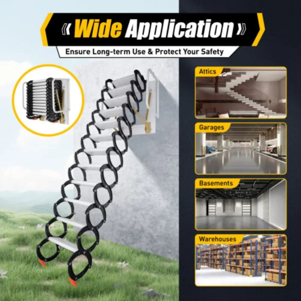 12 Steps Wall Mounted Ladder Attic Loft Stairs Corrosion-resistant Folding Telescopic Stairs W/ Anti-slip feet & Safe Handrails