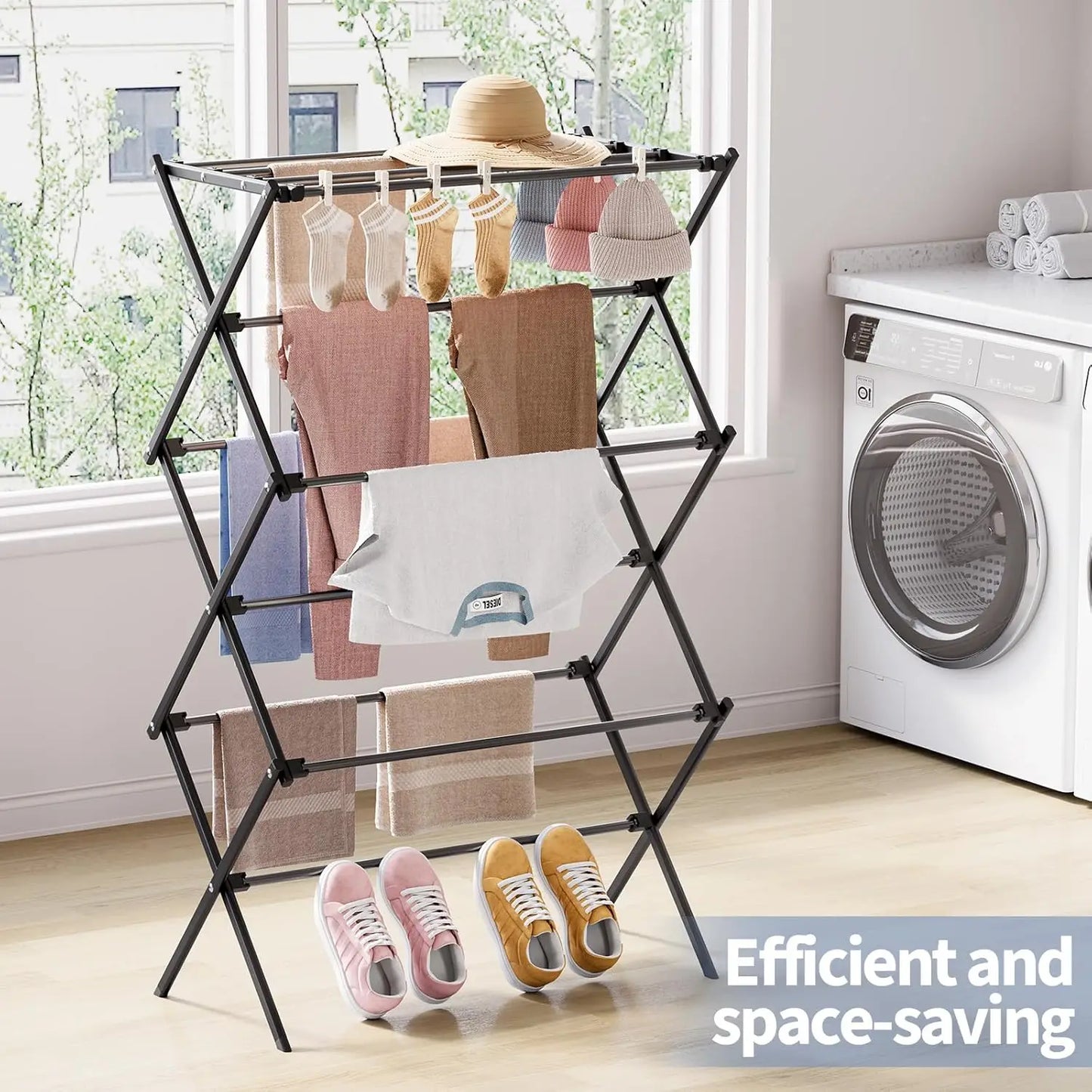 Drying Rack Clothing Metal Clothes Drying Rack Foldable for Clothe Towel Collapsible Laundry Rack Indoor Outdoor Laundry Room Bl