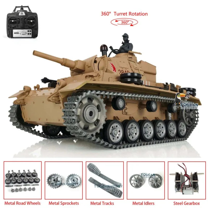 US Stock Heng Long 1/16 7.0 Customized Panzer III H RTR RC Tank 3849 Metal Tracks Wheels Vehicle Model TH17369