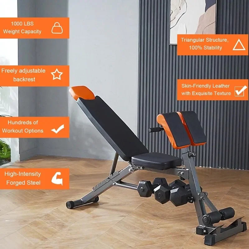 All-in-One Weight Bench–Multi-Functional Full Body Workout Equipment: Hyperextension, Roman Chair,Flat Bench For Home Gym（Black）