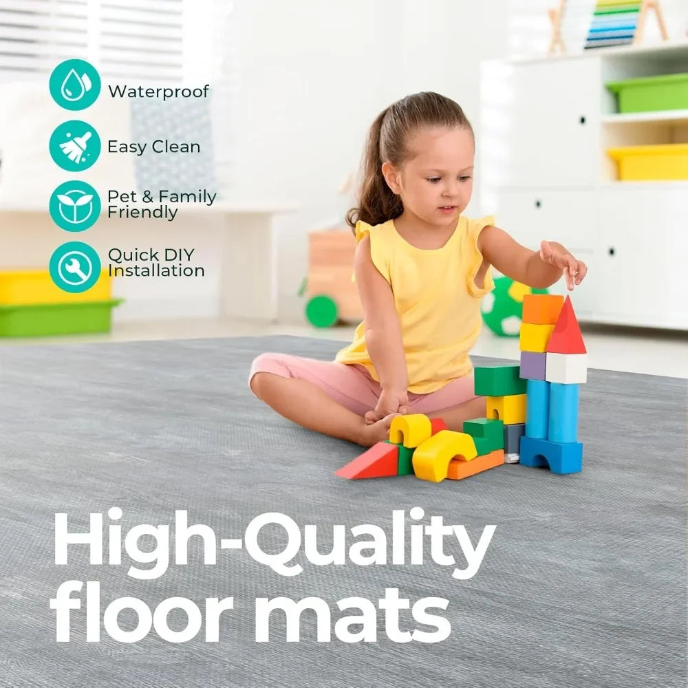 100 Sq. Ft 3/8 Inch Thick Printed Foam Tiles Interlocking Foam Mat, 24" x 24", 25 pcs, Grey Wood Grain Style Print Carpet
