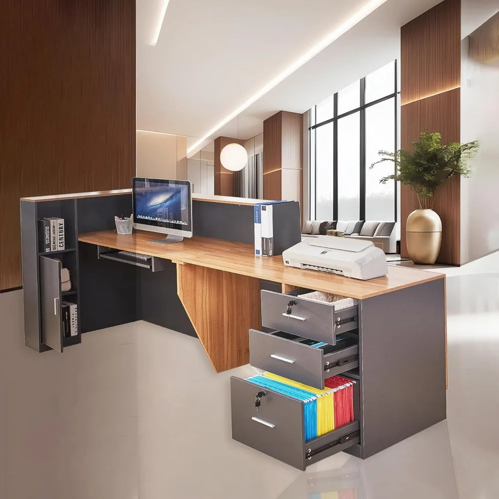L Shaped Reception Desk with Lockable Drawers and Adjustable Filling Cabinet,Modern Front Desk Reception Counter with Keyboard T