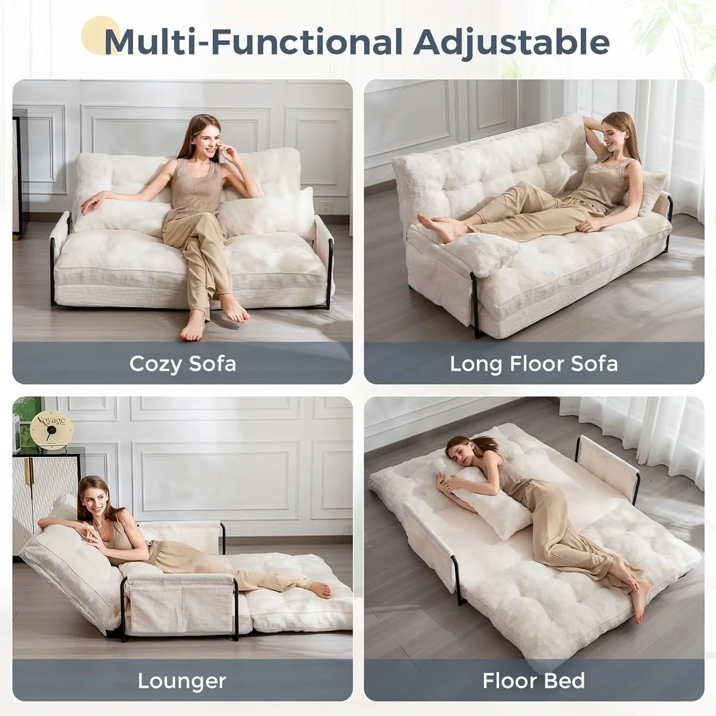 5-Position Boucle Bean Bag Bed, Convertible Lazy Sofa Sleeper Bed with Armrest, Versatile Floor Seating Sofa for Living Room