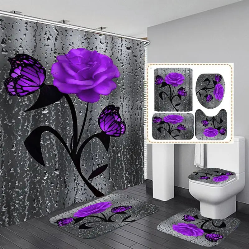 4 Piece Set Doormat Shower Curtain Non Slip Rugs Toilet Seat Cover Bath Carpet Durable Waterproof Bathroom Home Entrance Decor