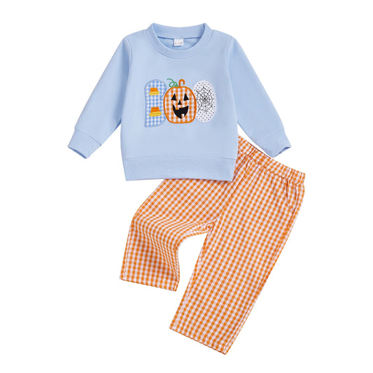 Adorable Toddler Boy Halloween Costume Set with Pumpkin Embroidery and Plaid Pants for a Spooky Fun Look