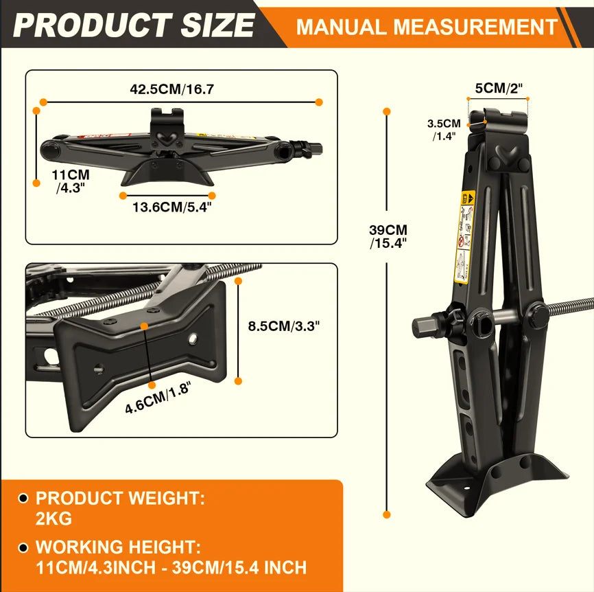 2 Ton Car Scissor Jack with Effort Saving Wrench, Carbon Steel, 10.5cm to 38.5cm Lifting Range, Compact and Easy to Store