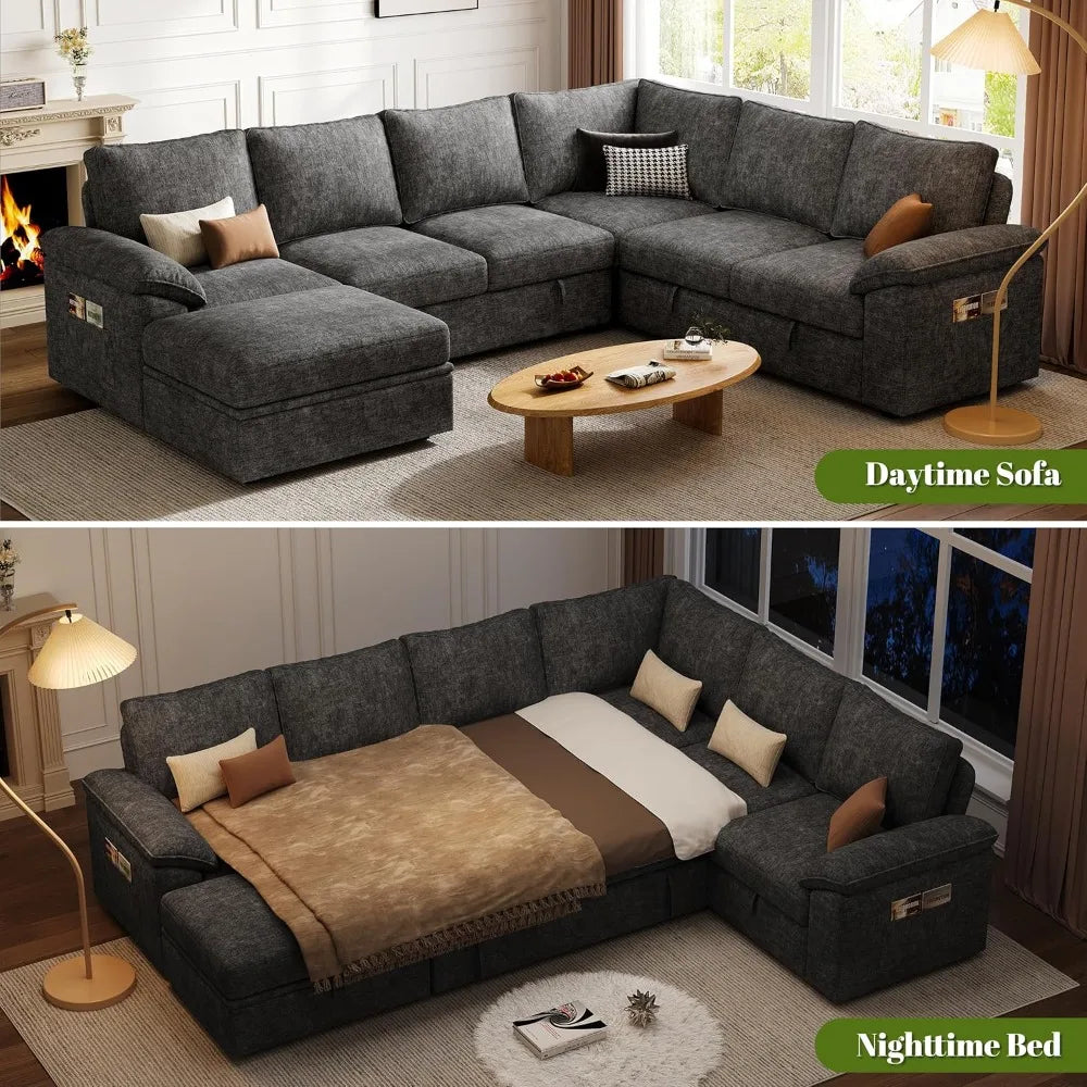 108 Inch Sectional Sleeper Sofa with Pull Out Bed, U Shaped 7 Seat Modular Sectional Sofa with Storage, Sectional Couches for Li