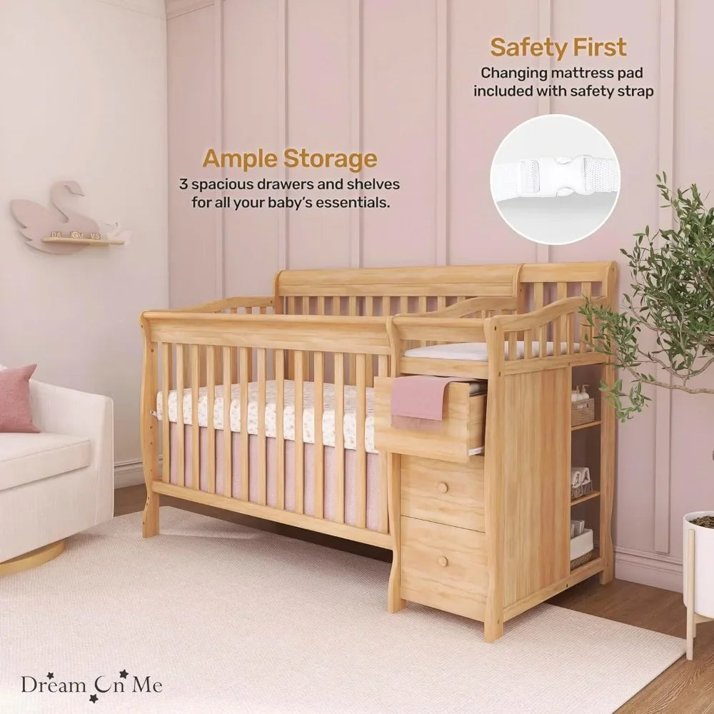 Multifunctional space-saving baby furniture for newborn to toddler with crib, changing table and 3-drawer dresser.