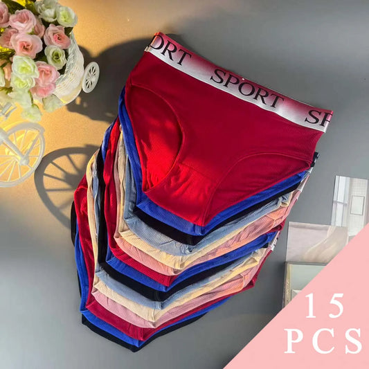 15pcs women's panties with high waistline shaping ‘SPORT’ print breathable lingerie for plus-size women