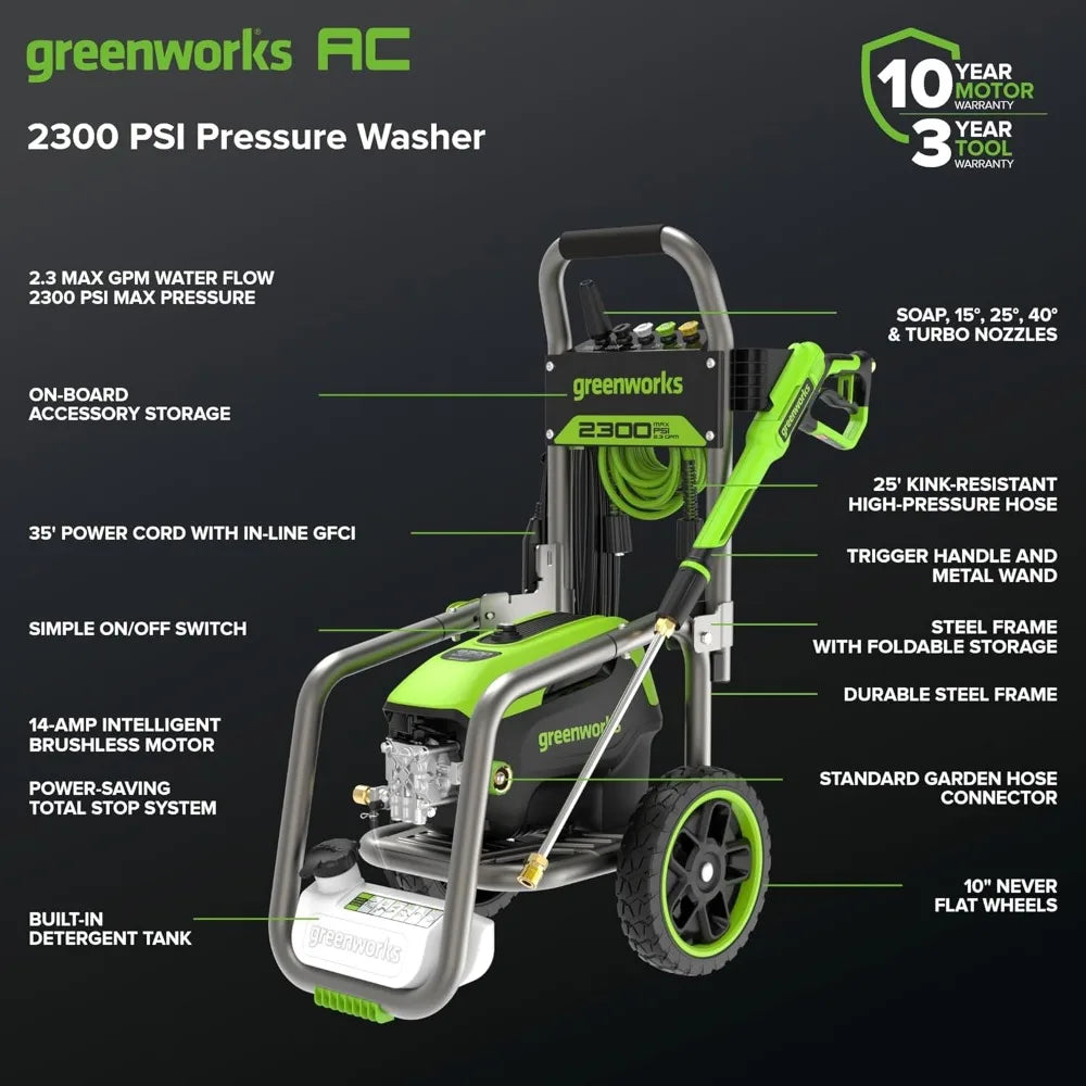 Certified 2300 PSI Electric Pressure Washer with 2.3 GPM Max and 1.2 GPM Flow Rate - Foldable Handles, Durable Steel Constructio
