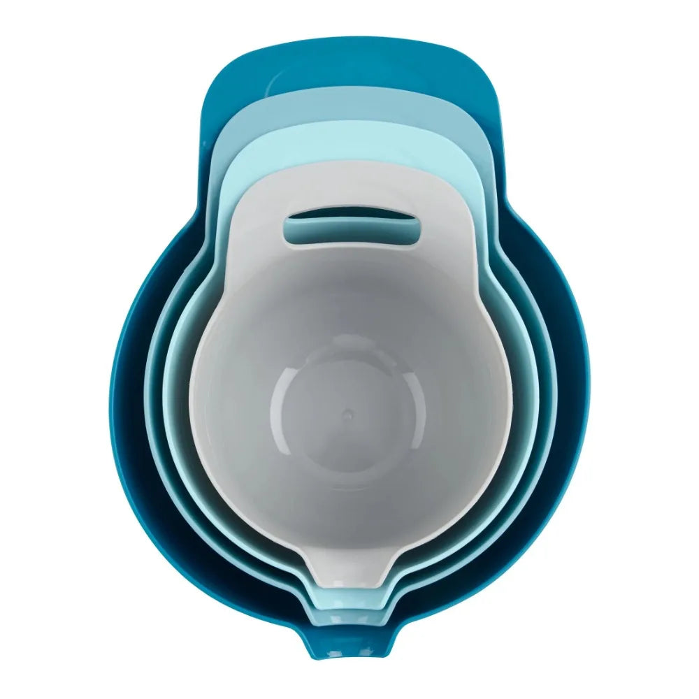 Nesting plastic mixing bowl set with pouring spout and handle, blue