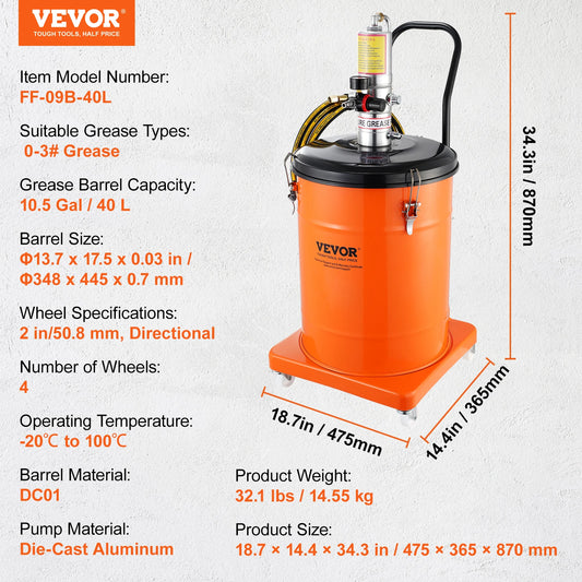 SucceBuy 3/5/10 Gallon Grease Pump Air Operated with Hose Pneumatic Grease Bucket Gun and Wheels for Cars 50:1 Pressure Ratio