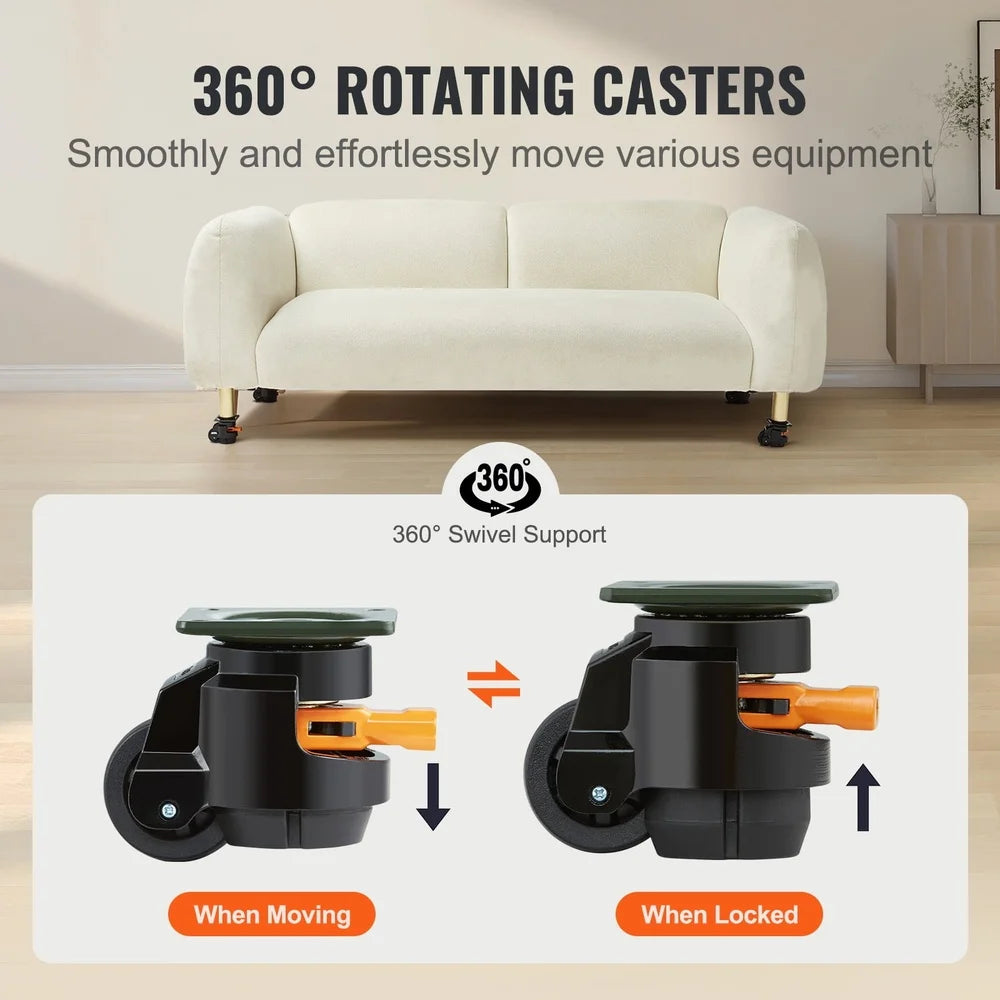 Adjustable Leveling Casters Set of 4 Heavy Duty 360 Degree Swivel Wheels Tables Furniture Carts Up to 1100 lbs