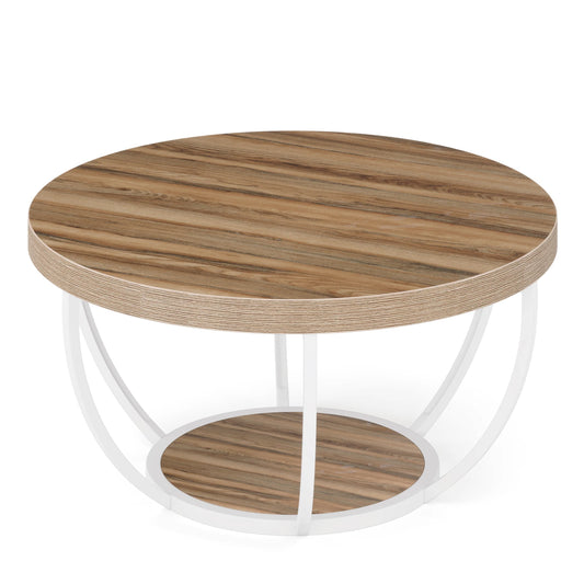 Tribesigns 31.7" Round Coffee Table, Industrial 2-Tier Circle Coffee Table with Storage Shelves, Modern Wooden Sofa Side Table