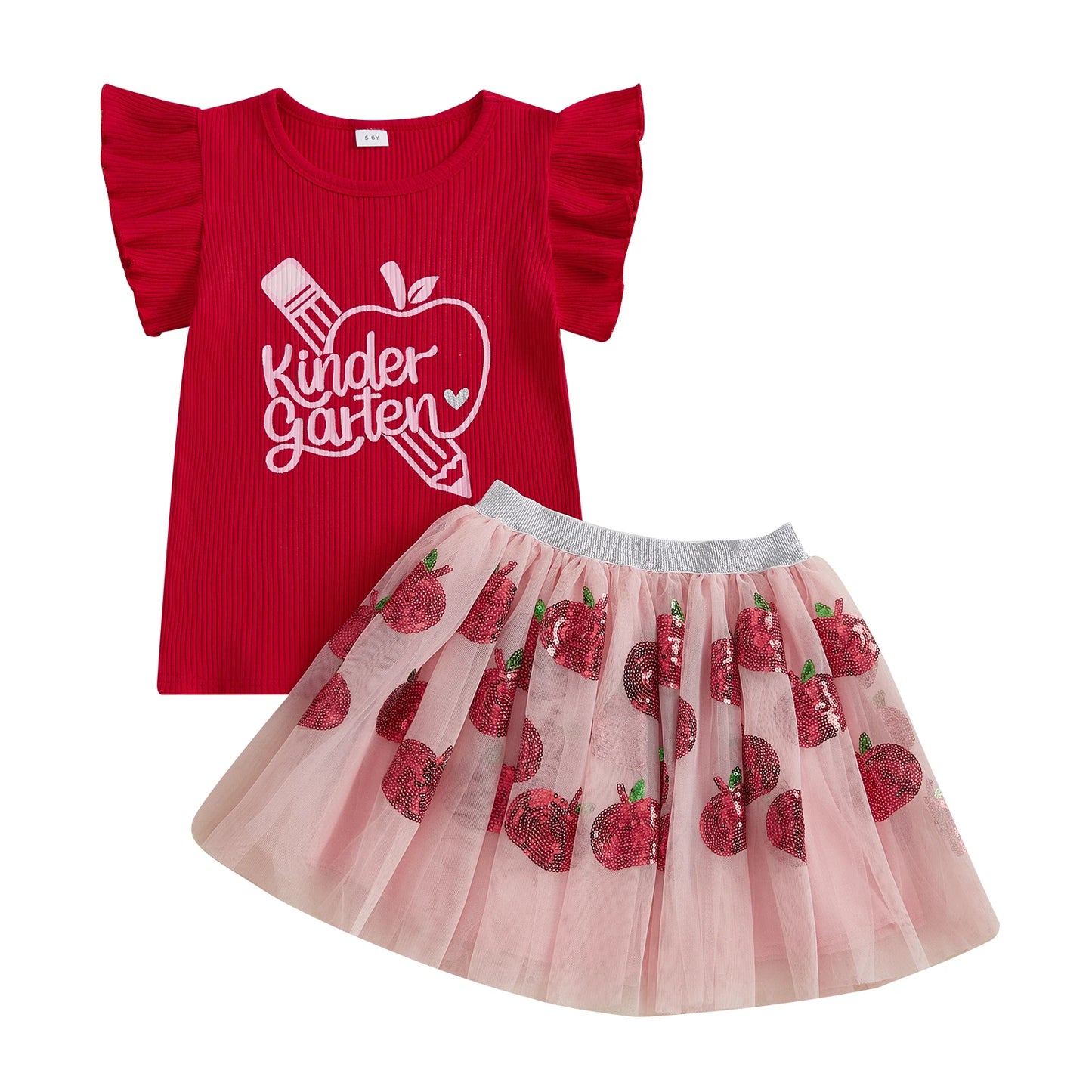 Cute Toddler Girls Back to School Outfits with Flutter Sleeve Apple Print Tops and Tulle Skirt Set - Adorable Baby Clothes for