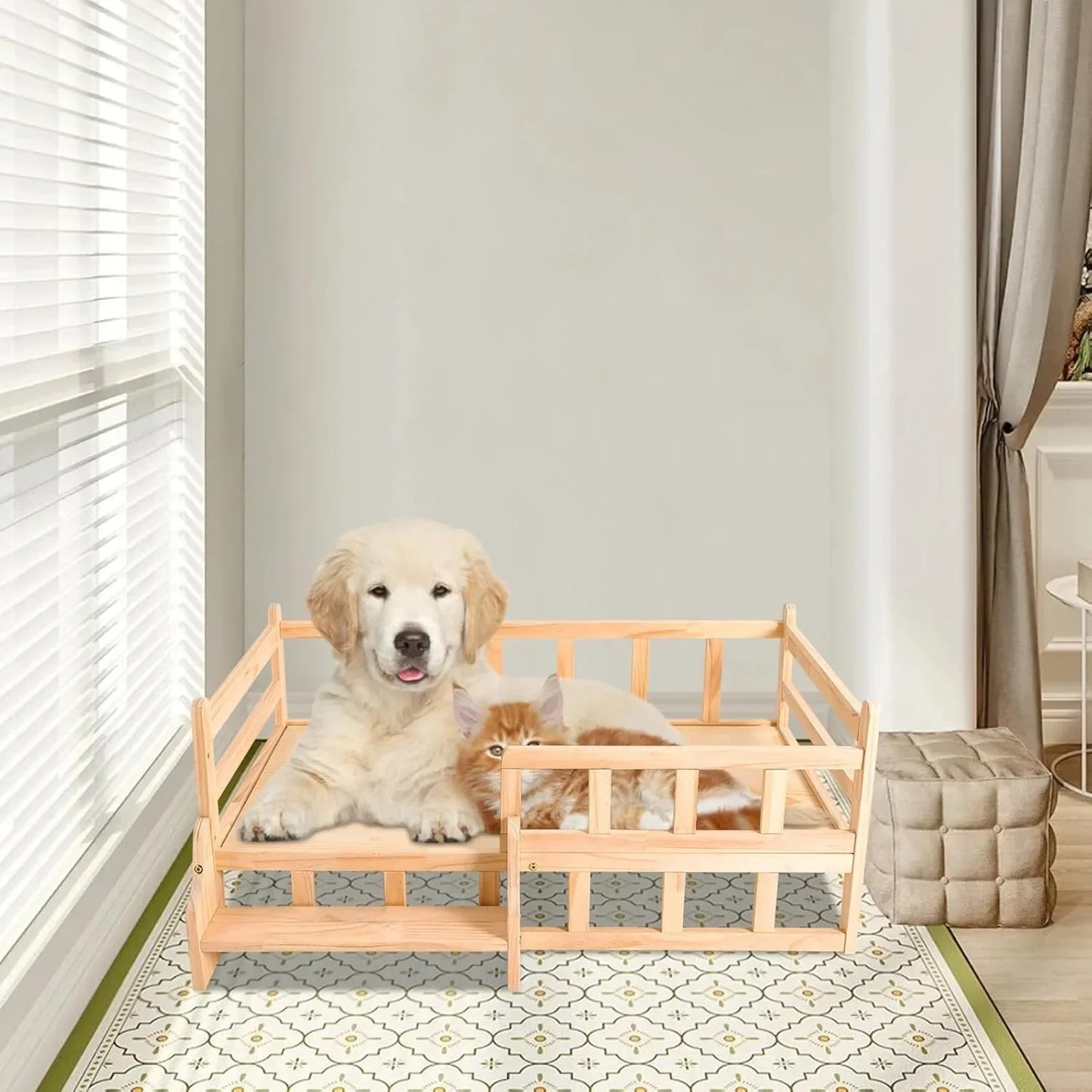 Solid Wood Elevated Pet Bed for Cats & Small Dogs, Natural Pine Wood, Non-Toxic, Easy Assembly, with Safety Fence/Anti-Slip Pads