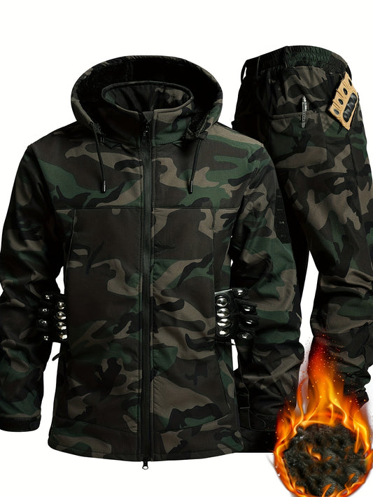 Thick Fleece Jacket And Long Pants for Men, Designed for Autumn And Winter, Featuring a Hood And Multiple Pockets, Ideal for Warm Workwear And Casual Outdoor Activities.