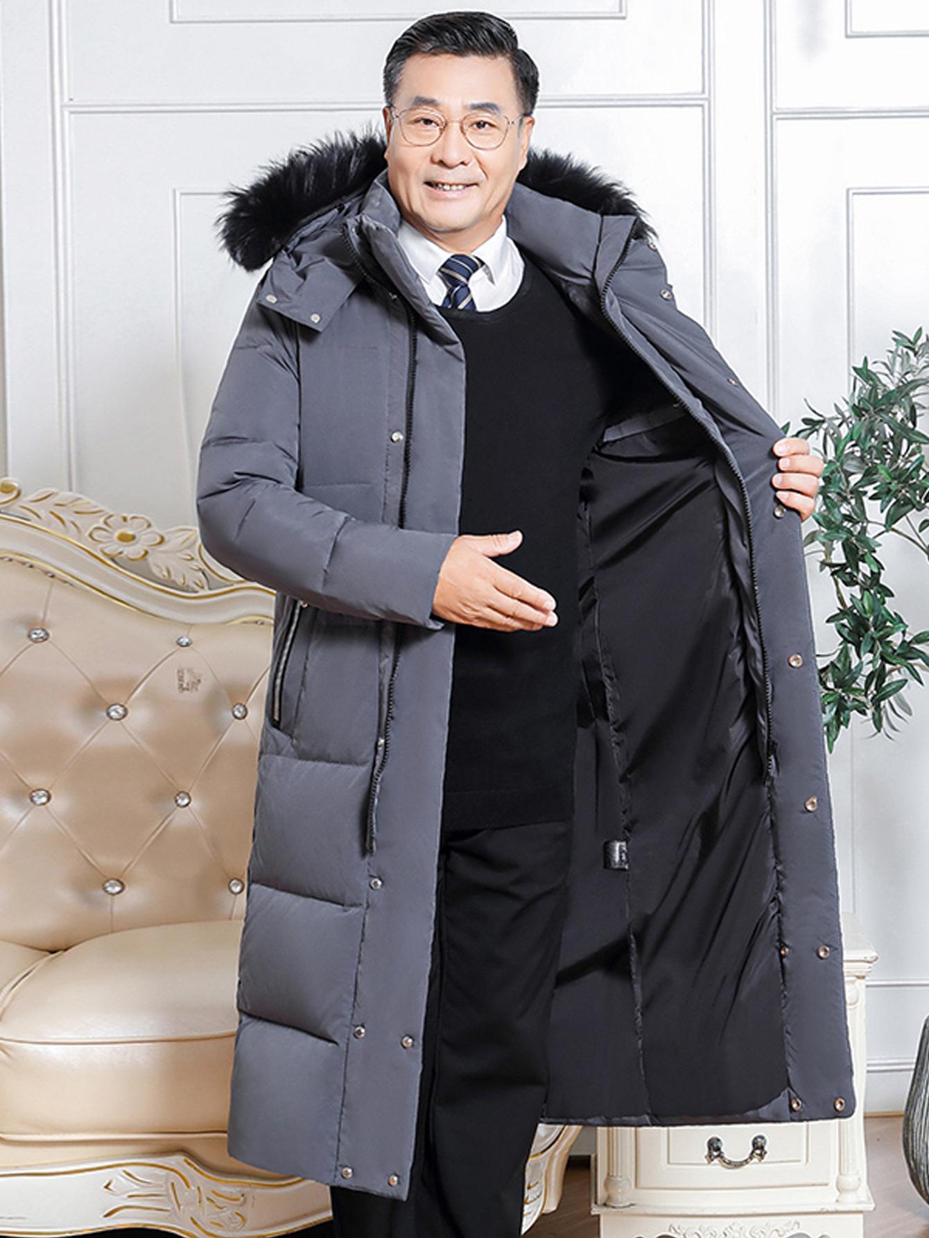 Men'S Long Warm Hooded Coat with Faux Fur Collar | Thickened Winter Jacket for Middle-Aged and Elderly Men, Solid Color, Regular Fit, Zipper Closure