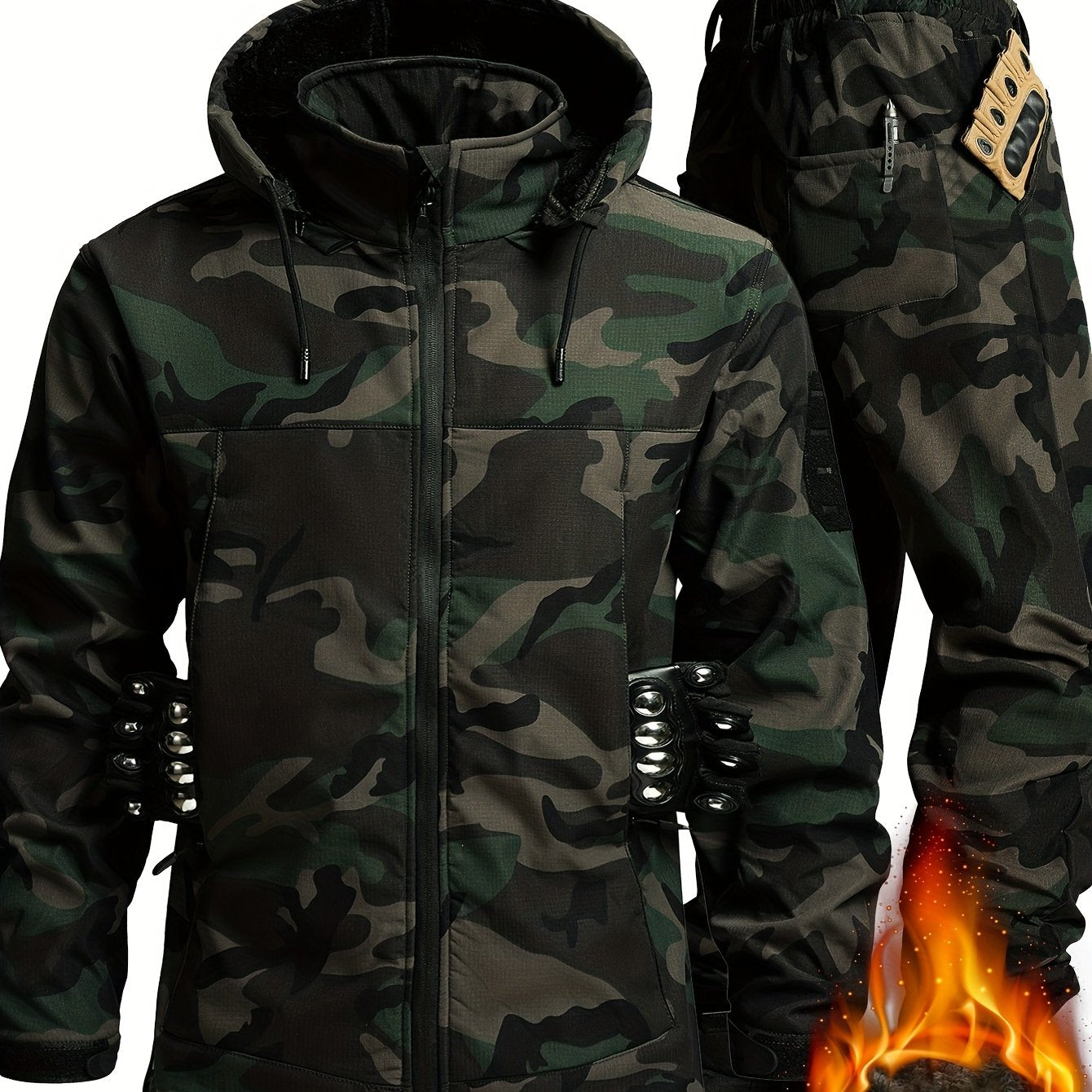 Thick Fleece Jacket And Long Pants for Men, Designed for Autumn And Winter, Featuring a Hood And Multiple Pockets, Ideal for Warm Workwear And Casual Outdoor Activities.