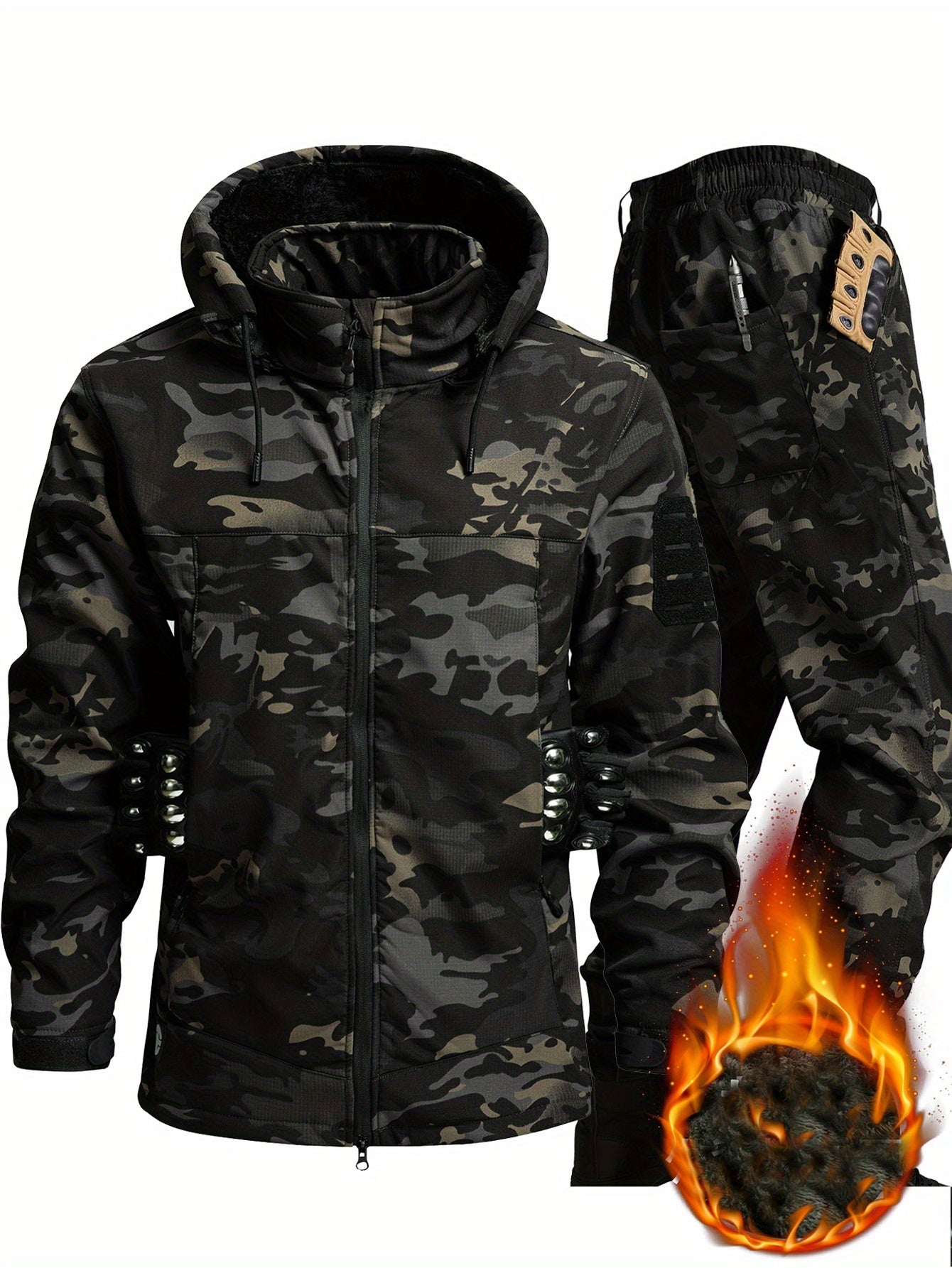 Thick Fleece Jacket And Long Pants for Men, Designed for Autumn And Winter, Featuring a Hood And Multiple Pockets, Ideal for Warm Workwear And Casual Outdoor Activities.