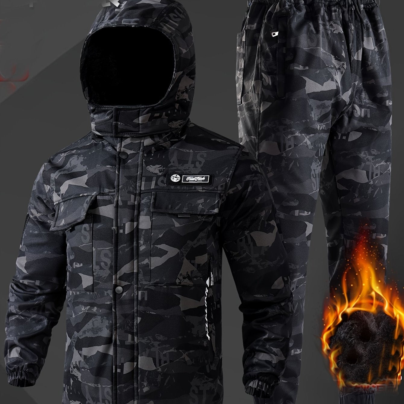 Men's Thickened Multi-Pocket Camouflage Winter Jacket and Pants Set, Perfect for Winter Outdoor Sports and Warmth Thickened Multi-Pocket Camouflage Winter Jacket and Cold-Resistant Pants Set